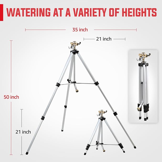 YAMATIC Impact Sprinkler on Adjustable Tripod Base, 360 Degree Large Area, Heavy Duty Adjustable Pulsator Sprinkler for Lawn, Yard and Grass Irrigation, Spray up to 20-90ft(Brass Head)