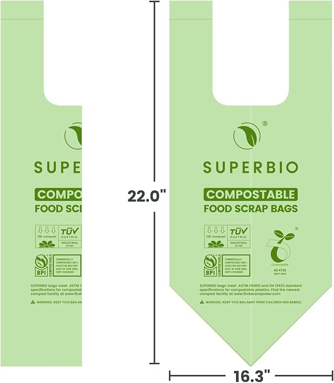 SUPERBIO 2.6 Gallon Compostable Bags, 100 Count, 2 Pack, 9.84L, Handle Tie Food Waste Bags, BPI and OK compost INDUSTRIAL Certified