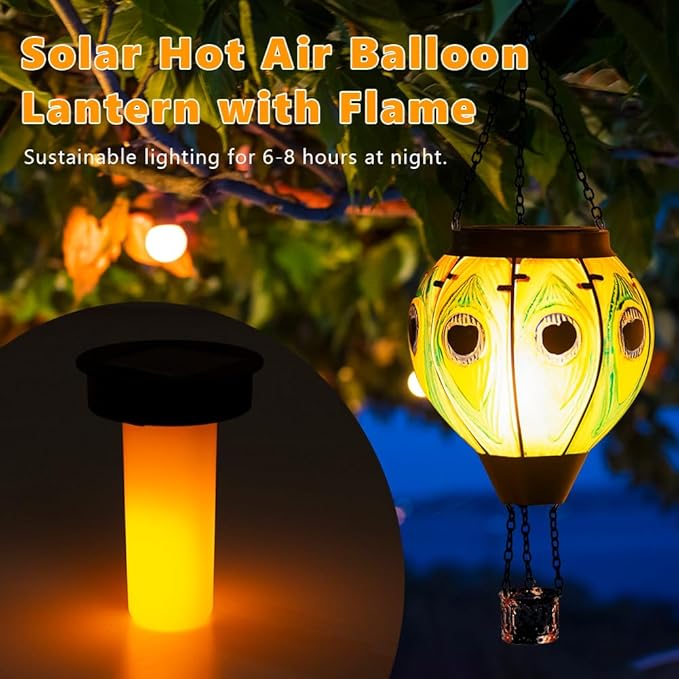 Starsoul 2 PC Peacock Hot Air Balloon Solar Lantern with Flame Glass Outdoor Hanging Hot Air Balloon Solar Light Waterproof Garden Patio Yard Party Decorations