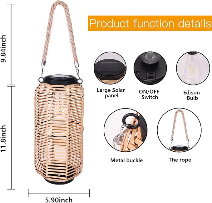 Solar Lantern Outdoor Hanging Lights, Rattan Lantern Waterproof with Twine Handle, Bright Solar Outdoor Lights with Edison Bulb for Garden Patio Yard Tabletop Decoration