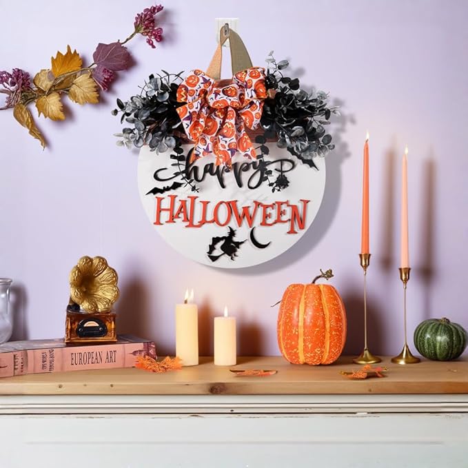 Halloween Door Hanger Sign Wooden Welcome Decor with Bat - Fall Wreaths for Front Door Hanging Decorations for Happy Halloween Party Indoor Outdoor Wall Decor Supply