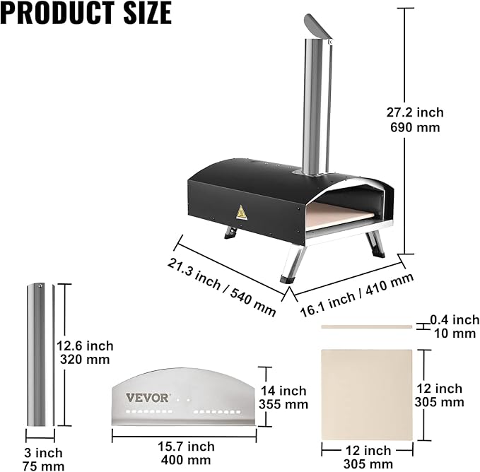 VEVOR Outdoor Pizza Oven, 12-inch Wood Fire Pizza Ovens, Pellet and Charcoal Pizza Maker Outside with Cordierite Stone, Portable Pizza Oven for Backyard Camping, Waterproof Carry Bag, Shovel, Black
