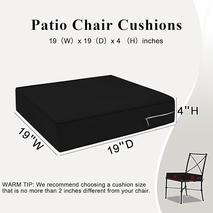 Outdoor Chair Cushions Set of 2 for Patio Furniture 19x19x4 Inch Waterproof Patio Chair Cushion 3 Year Color Fastness Square Elastic Foam Garden Couch Pads with Ties and Handle,Black
