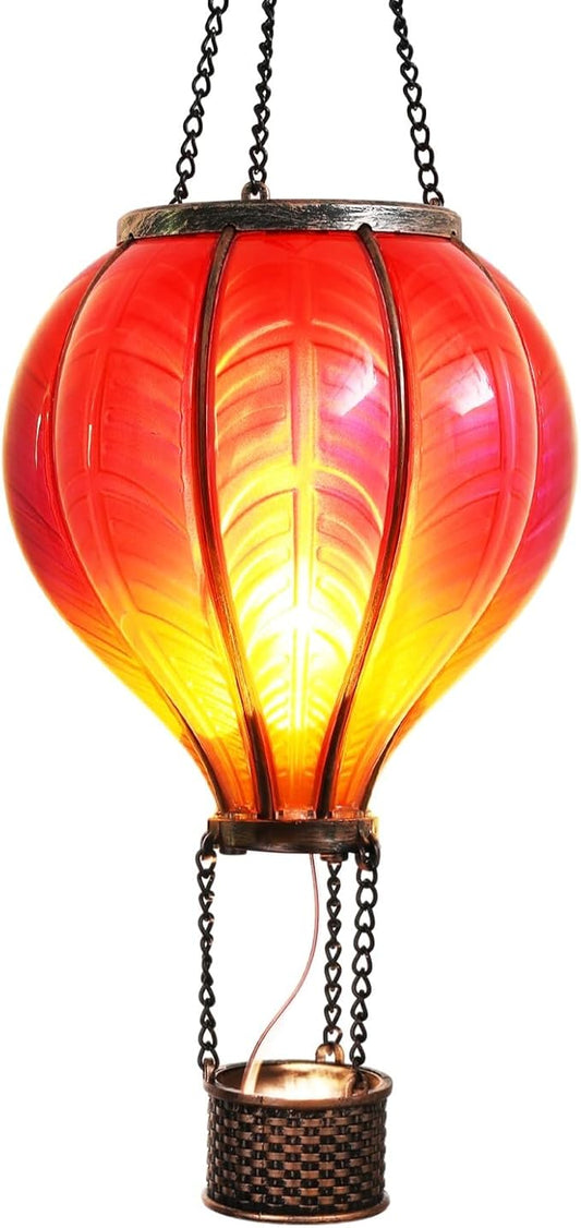 TERESA'S COLLECTIONS Hot Air Balloon Solar Lantern for Garden Decor ,Flickering Flame Hanging Solar Light for Outdoor ,Red Plastic Lamp for Yard Tree Gift for Mom