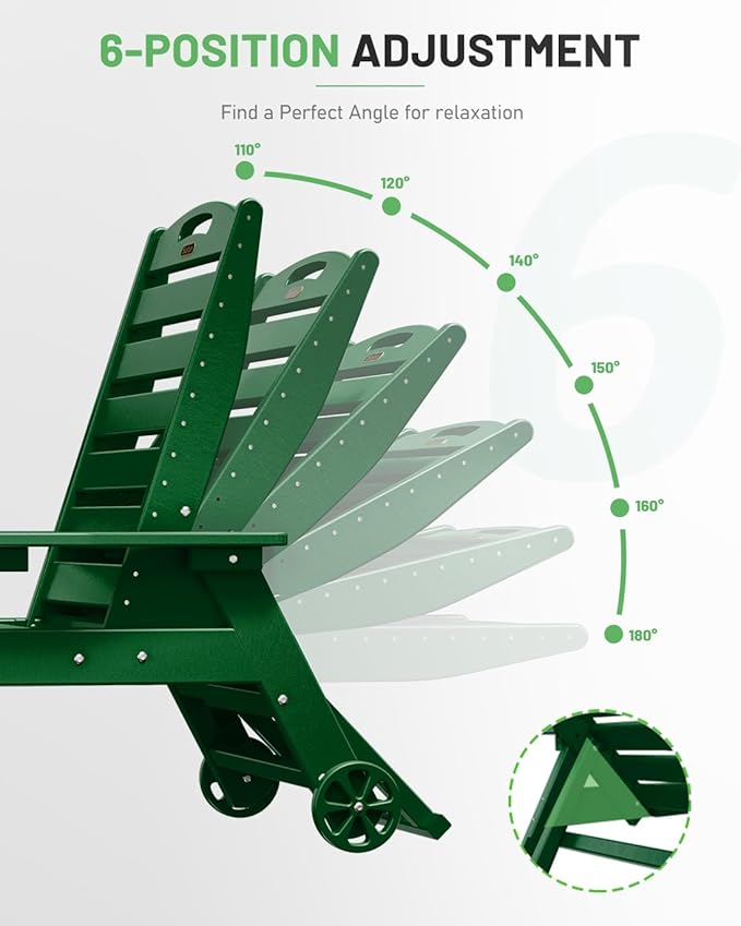 Lounge Chair Outdoor Set of 4 with Wheels, Adjustable 6-Position Chaise Lounge Outdoor, Patio Lounge Chair for Poolside Backyard, Green