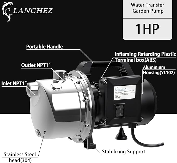 LANCHEZ 1 HP Portable Shallow Well Garden Pump, 1294 GPH Stainless Steel Sprinkler Pump, 115V Water Transfer Draining Irrigation for Lawn