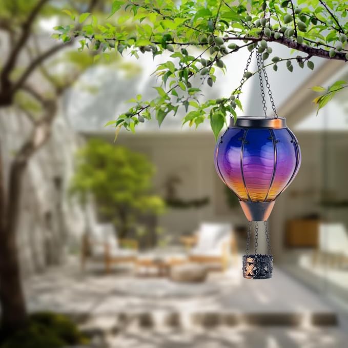 Starsoul Glass Solar Hot Air Balloon Flickering Flame Hanging Garden Light Purple Hot Air Balloon Solar Lantern with Large Basket Waterproof Hot Air Balloon Solar Lamp Decor