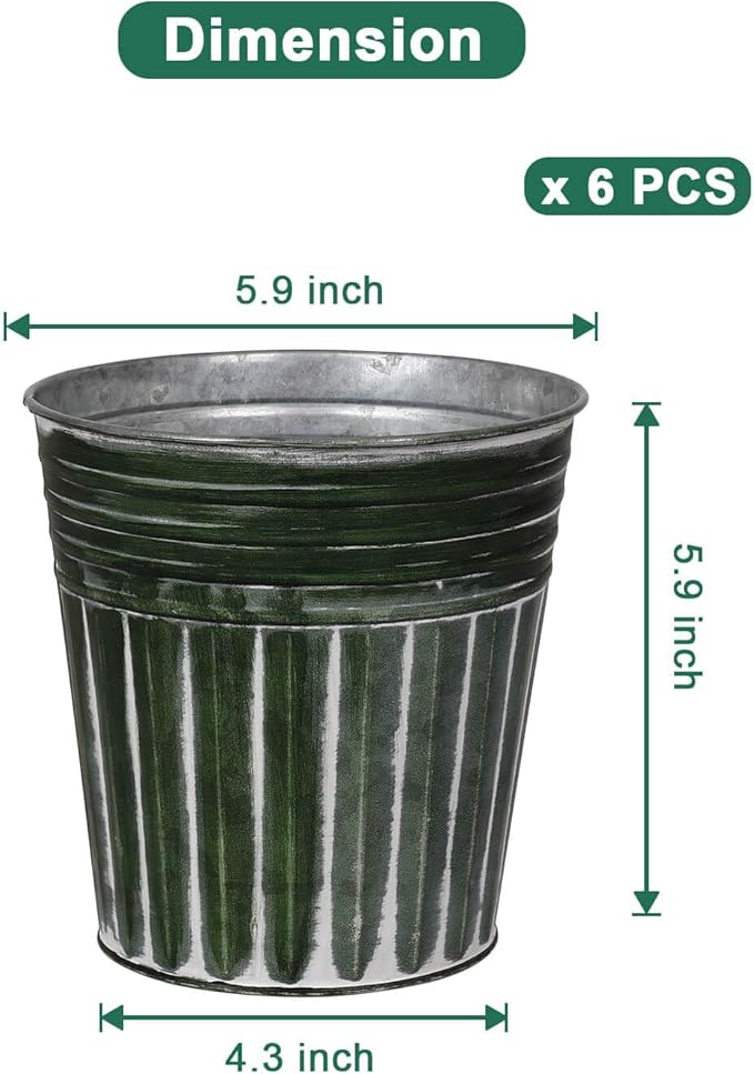 vensovo 6 Inch Dark Green Metal Rustic Flower Pots - 6Pcs Medium Galvanized Planters with Drainage Hole and Rubber Plug, Rustproof Metal Bucket Plant Pots Farmhouse Vintage Style for Decor