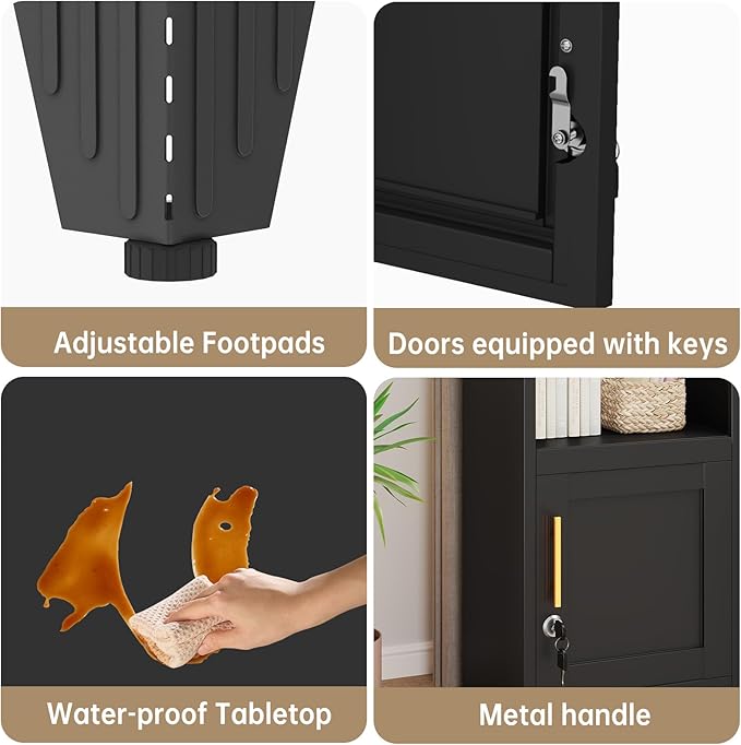 27" Metal Nightstand with Locked Doors, Small Sidetable with Storage Shelf, Storage Cabinet for Bedroom, Metal End Table for Home, Office Black