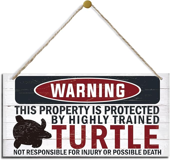 Funny Warning Signs, The Property is Protected By Highly Trained Turtle Sign, Decorative Wood Hanging Wood Plaque, House Door Sign, Farmhouse Wall Decor for Home Office, Indoor/Outdoor Use