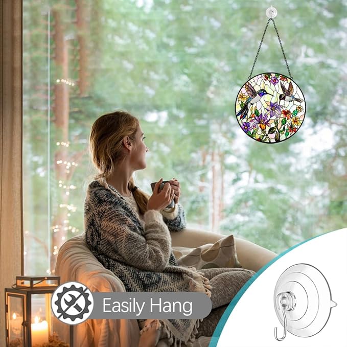 Hummingbird Suncatcher Stained Glass Window Hanging - Bird and Flowers Suncatchers for Windows - Sun Catchers Indoor Window Wall Art Home Decor Panel - Hummingbird Gifts for Women Men Mom Bird Lovers