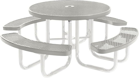 Heavy-Duty Portable Outdoor Picnic Table with Umbrella Hole, Expanded Metal Commercial-Grade Patio Furniture Made in America (46" Round Top, Grey with Grey Frames)