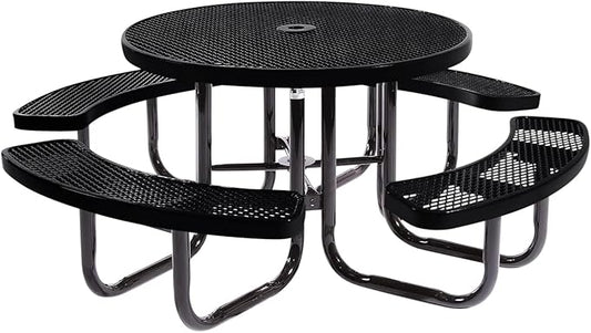 Heavy-Duty Portable Outdoor Picnic Table with Umbrella Hole, Expanded Metal Commercial-Grade Patio Dining Furniture Made in America (46" Round Top, Black)