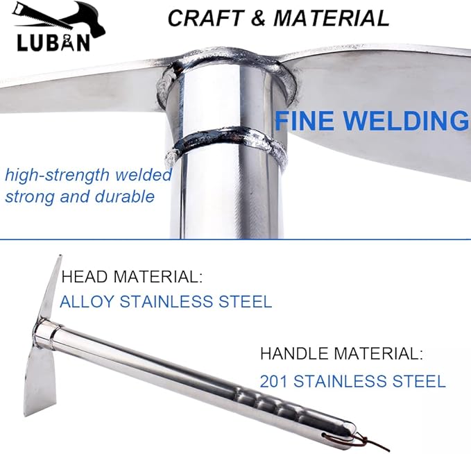 Stainless Steel Garden Hoe Pick 15-inch Length Lightweight Weather Resistant Metal Multipurpose Hand Tool for Gardening Cultivator Weeding Seeding Turning Soil