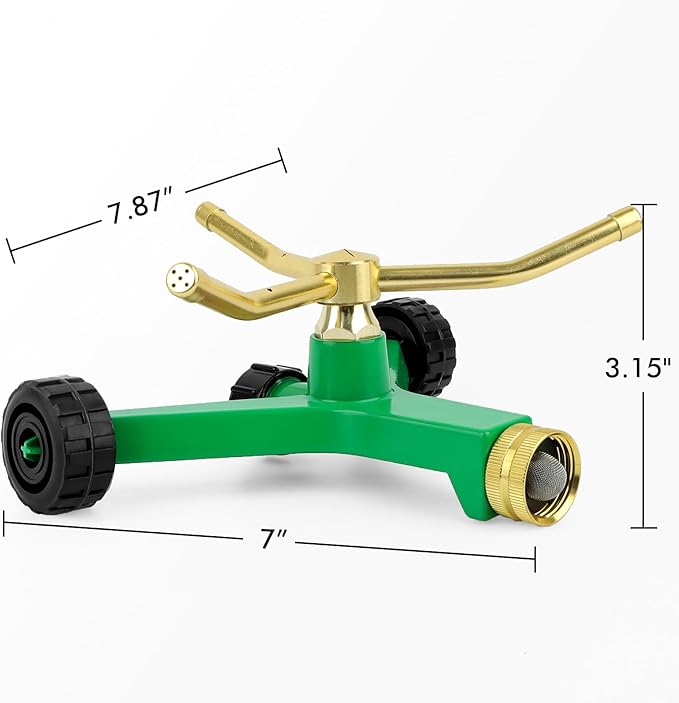 [2 Pack] RESTMO 3-Arm Metal Sprinkler with Wheel Base, 360 Degree Automatic Rotary Lawn Sprinkler System for Garden Plant, Flower Bed and Yard Watering and Large Yard Area Watering