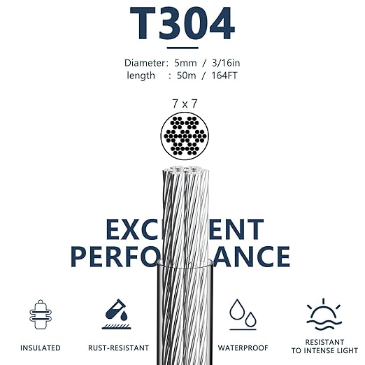 3/16 Wire Rope Kit, 165ft Vinyl Coated Galvanized Steel Cable with M5 Turnbuckles for Cables Wire, Rope Clamp & Thimble, 7X7 Strand Aircraft Cable for Anchored Shed, Fencing, Sunshade