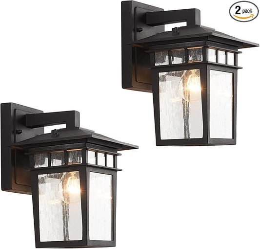 Outdoor Wall Lantern, Exterior Lighting Fixtures Wall Mount, 2 Pack Black Outdoor Sconce with Seeded Glass, Exterior Porch/Patio Lights for House Front Door Garage