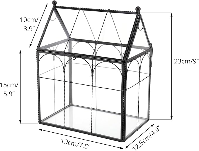 NCYP Black Glass Terrarium with Lid, Indoor Geometric Planter for Cacti, Air Plants, Succulents, Insect, Snail, House Shape Closed Box 7.5" x 4.9" x 9" (No Plant Included)