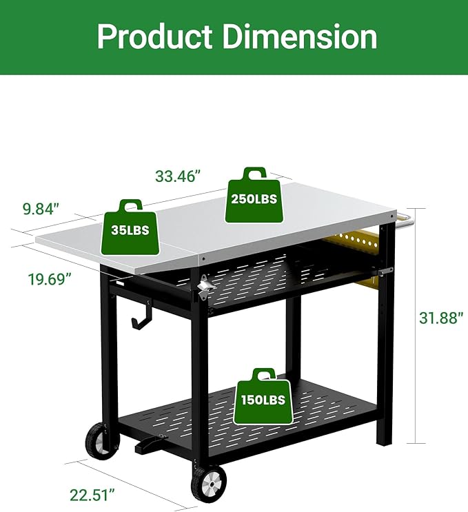 Outdoor Grill Cart with Pegboard, 3-Shelf Pizza Oven Table with Drawer, Stainless Steel Kitchen Dining Cart with Wheels, Food Prep Table Grill Stand for Outside BBQ Patio Backyard
