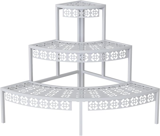 3 Tier Plant Stand Semi-Circular Flower Pot Organizer Rack Quarter Round Plant Display Holder Outdoor Storage Shelves Metal Corner Shelf Planter Shelving Ladder Plant Stand for Indoor Use(White)