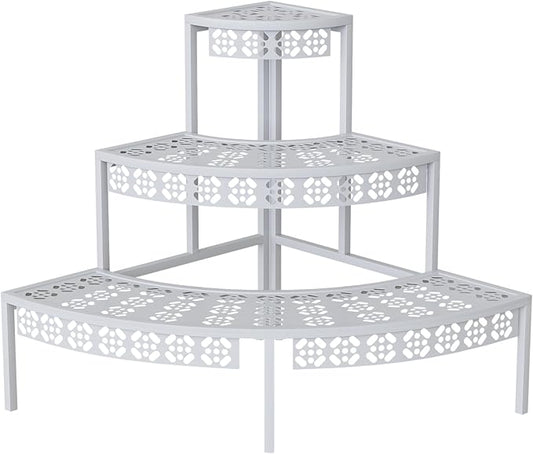 3 Tier Plant Stand Semi-Circular Flower Pot Organizer Rack Quarter Round Plant Display Holder Outdoor Storage Shelves Metal Corner Shelf Planter Shelving Ladder Plant Stand for Indoor Use(White)