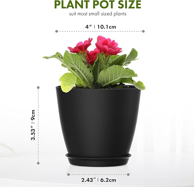 16 Pack 4 Inch Plant Pots with Drainage Holes and Saucers, Pots for Plant Indoor, Plastic Planters for Succulents and Small Plants, Black