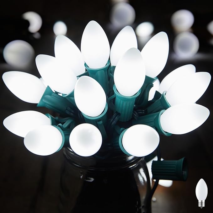 C7 Pure White LED Christmas Lights, 50Ft Vintage String Lights with 50+2 Plastic Bulbs, E12 Candelabra Base, Outdoor Retro Style Hanging Lights for X-mas Patio Fence Roofline Holiday