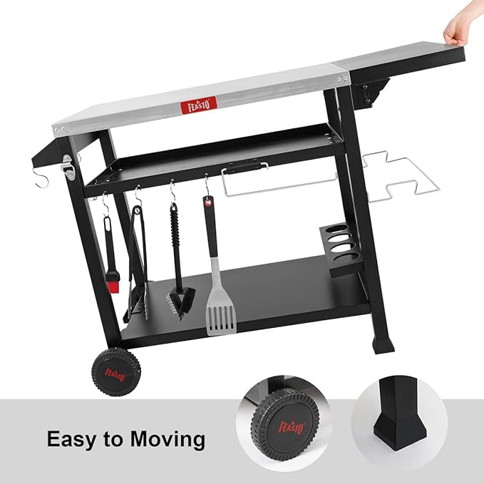 Outdoor Grill Cart, Pizza Oven Table Stand for Outdoor Indoor, 40" x 26" Stainless Steel Tabletop Dining BBQ Grill with Wheels for Food Prep, 3-Shelf Kitchen Cart Table