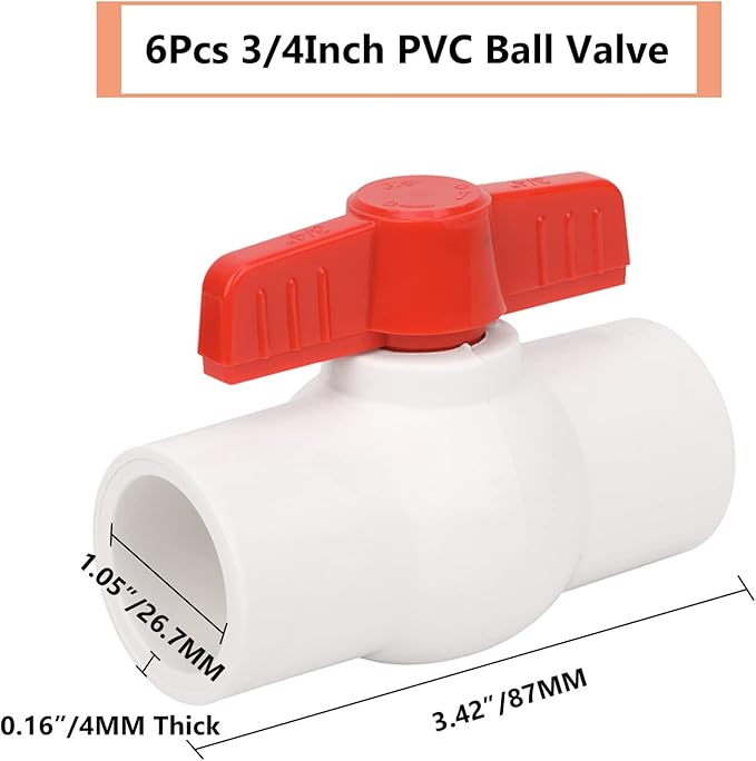 6Pcs 3/4" PVC Ball Valve Water Pipe Shut-off Valve Socket with Red T-Handle for Cold Water Supply lines, Irrigation Pipe fitting System(Socket x Socket), Schedule 40