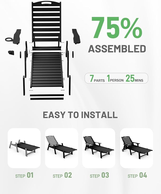 Lounge Chair Outdoor, Chaise Lounge Outdoor, HDPE 6-Position Lounge Chair for Outside, Patio Lounge Chair with Wheels & Cup Holder for Pool Poolside Deck Backyard, Black