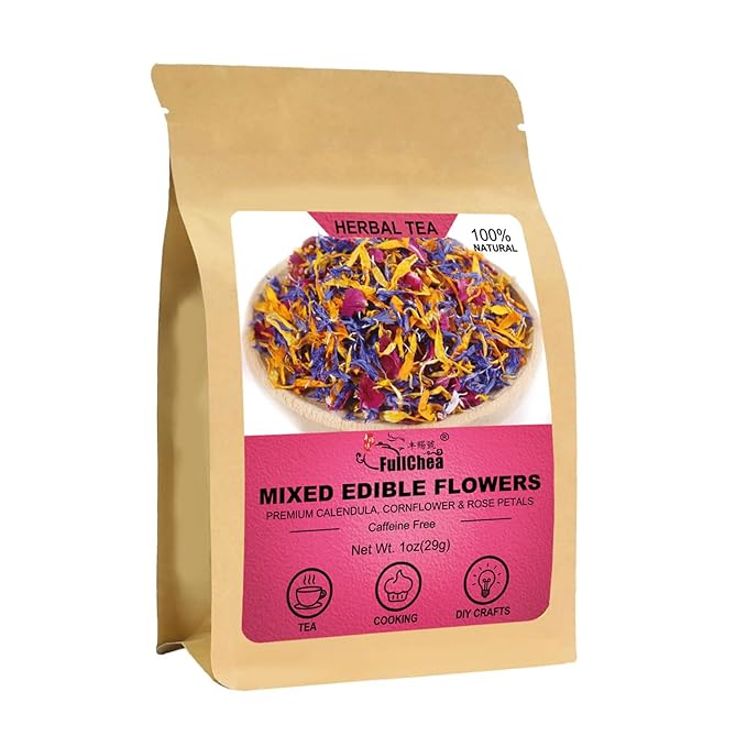 FullChea - Mixed Edible Flowers - 1oz/29g - Natural Dried Calendula, Cornflower, and Rose Petals - Culinary Grade - Cake Decorations - Caffeine-Free - Perfect for Cakes & Drinks