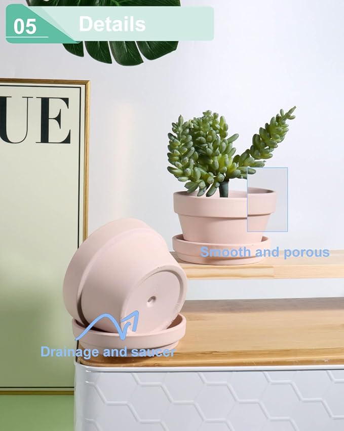 vensovo 3.7 Inch Pink Terracotta Shallow Succulent Pots - 6 Pack Terra Cotta Clay Pot with Saucer, Cacuts Indoor and Outdoor Planters with Drainage Hole