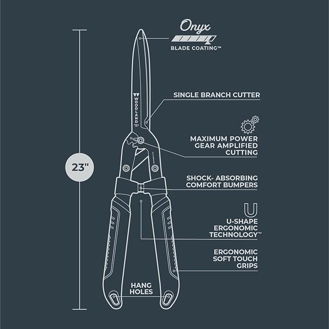 Woodland Tools Super Duty Hedge Shears, 23 Inch Manual Hedge Clippers with 10 Inch Gear-Assist Blades, Power Notch, and Non Stick Coating, Heavy Duty Trimmer for Thick Shrubs and Hedges