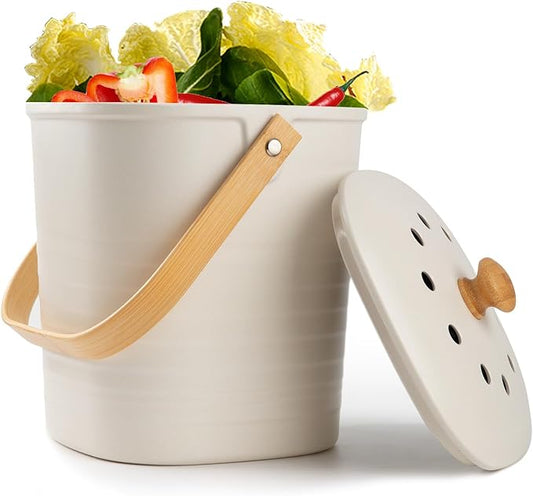 Compost Bin, LALASTAR Compost Bin Kitchen Counter with Lid, Made of Sustainable Bamboo Fiber, Odorless Indoor Compost Bin, 1 Gallon, Cream, Square