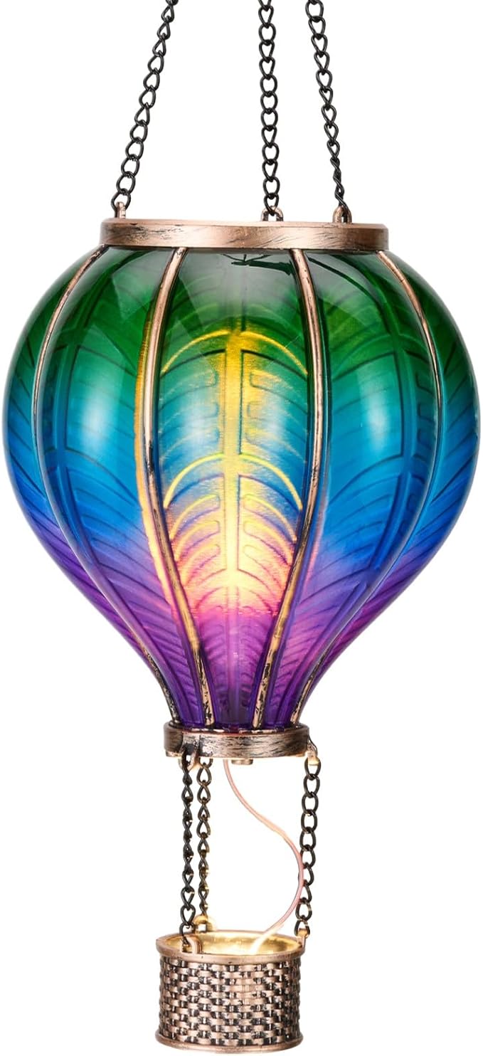 TERESA'S COLLECTIONS Hot Air Balloon Solar Lantern for Garden Decor ,Flickering Flame Hanging Solar Light for Outdoor ,Multicolor Plastic Lamp for Yard Tree Gift for Mom