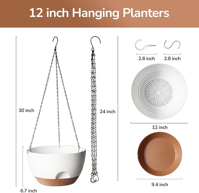 12 Inch Hanging Baskets for Plants Outdoor, Hanging Planters for Indoor Outdoor Plants, Hanging Planter with Self Watering, Hanging Flower Pots (White)
