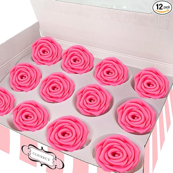 Confect Hot Pink Edible Roses – 12 Pack for Cake & Cupcake Decorating – Vegan, Gluten-Free Floral Toppers for Desserts, Nut-Free & Dairy-Free