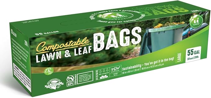 UNNI Compostable Trash Bags, 44-55 Gallon / 208 Liter, 10 Count, Extra Thick 1.38 mil Large Bin Liners for Commercial & Yard Waste, BPI, CMA & OK compost HOME Certified (Meets ASTM D6400)