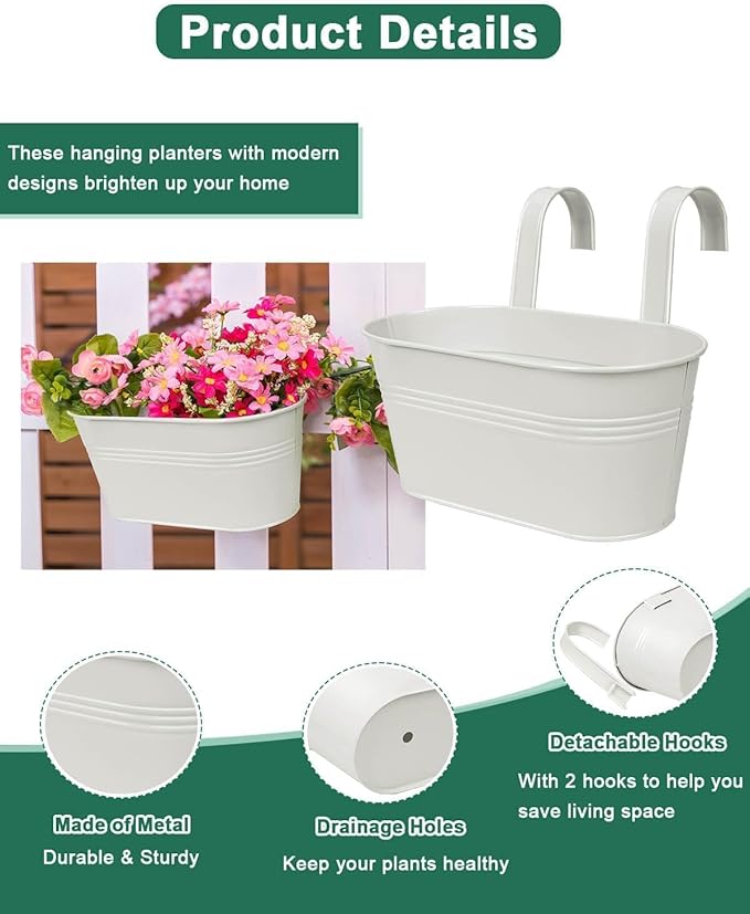 vensovo Metal Railing Planter for Outdoor Plants - 5 Pack Balcony Hanging Flower Pots with Detachable Hooks and Drain Holes Oval Bucket Rail Box Fence Planters for Home Garden Decor, White