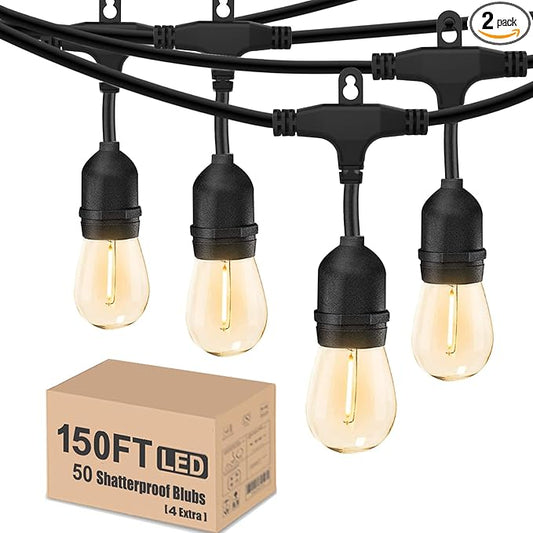 Achin Outdoor String Lights 150 Feet LED Waterproof Patio Lights with 50 Shatterproof Dimmable Warm Edison Bulbs String Lights for Outdoor Gazebo Bistro Wedding Birthday Party Lights, Connectable