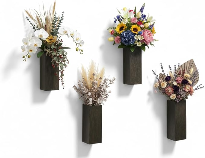 2 Pieces Wooden Wall Hanging Plant Pots Vase Contains Artificial Green Plants for Indoor Fake Plants Greenery Flowers, Modern Planters for Bathroom, Living Room, Kitchen Decor, (Brown)