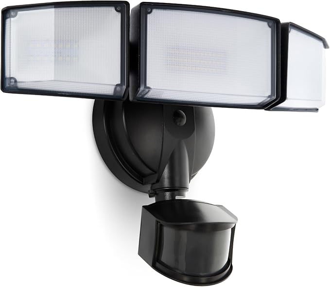 UME 49W LED Security Lights Motion Sensor Light Outdoor, 5000K Daylight, IP65 Waterproof, Dusk to Dawn, 3 Head Motion Detected Flood Light for Garage, Yard, Porch (Black)