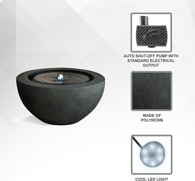 Xbrand 19.8" W Round Polyresin Indoor/Outdoor Sphere Water Bowl w/LED Light, Patio Water Fountain Decor, Dark Green, AMS3542-2