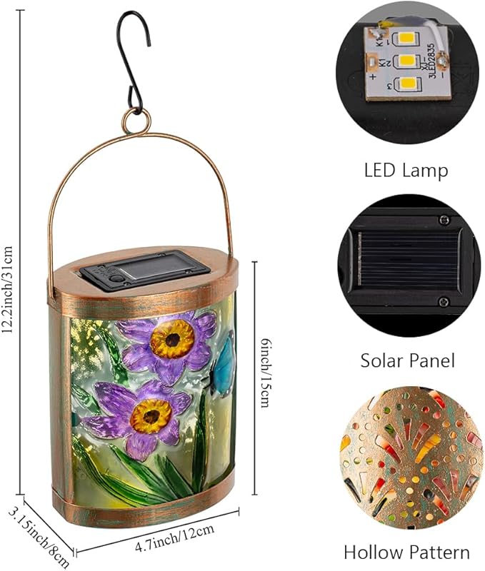 Starsoul 2 Pack Hanging Solar Lantern Outdoor Waterproof Glass Butterfly and Flowers Decorative Solar Lights for Outside Garden Yard Table Patio Decor