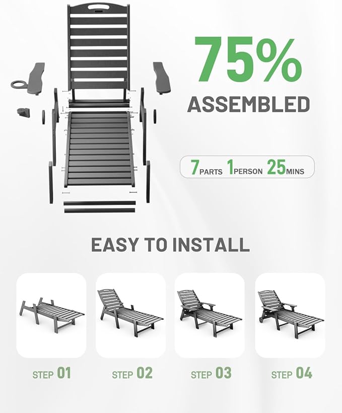 Lounge Chair Outdoor, Chaise Lounge Chair Outdoor, HDPE 6-Position Lounge Chair for Outside, Patio Lounge Chair with Wheels & Cup Holder for Pool Poolside Deck Backyard, Grey