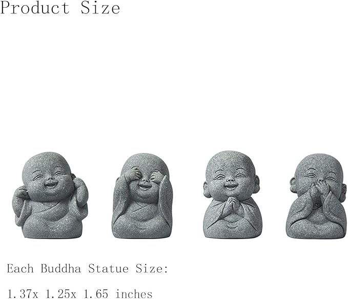 Laughing Buddha Statue Decor - 4Pcs Small Zen Monk Sandstone Buddha Sculpture for Wealth Good Luck Feng Shui Decor, Cute Zen Decoration for Home Office Desk Indoor and Outdoor(Gray)