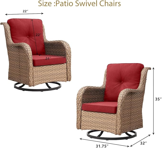 HUMMUH Outdoor Swivel Rocker PE Wicker Patio Chairs Set of 2, Rattan Rocking Chair Furniture Set (Yellow,Red)