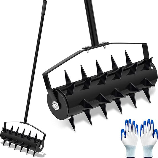 Lasnten Lawn Aerator Tool 16" Manual Rolling Yard Aerator Grass Roller Heavy Duty with 59" Stainless Steel Handle, Gloves, Spike Garden Rotary Push for Backyard Yard