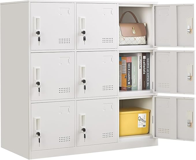 Student Locker Organizer, Multi-Door Steel Locker, Small Locking Cabinet Storage Organizer, Office File Cabinet, Home Locker, Gym Locker, Metal Storage Locker - Gray and White (9 Door, White)