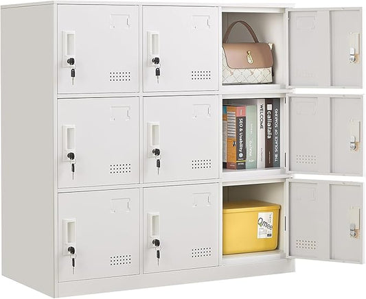 Student Locker Organizer, Multi-Door Steel Locker, Small Locking Cabinet Storage Organizer, Office File Cabinet, Home Locker, Gym Locker, Metal Storage Locker - Gray and White (9 Door, White)